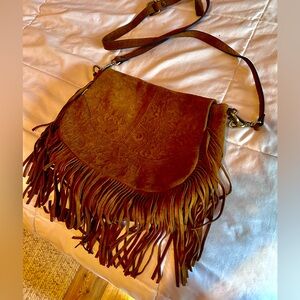 Sundance suede fringe embossed/tooled large over the shoulder bag purse